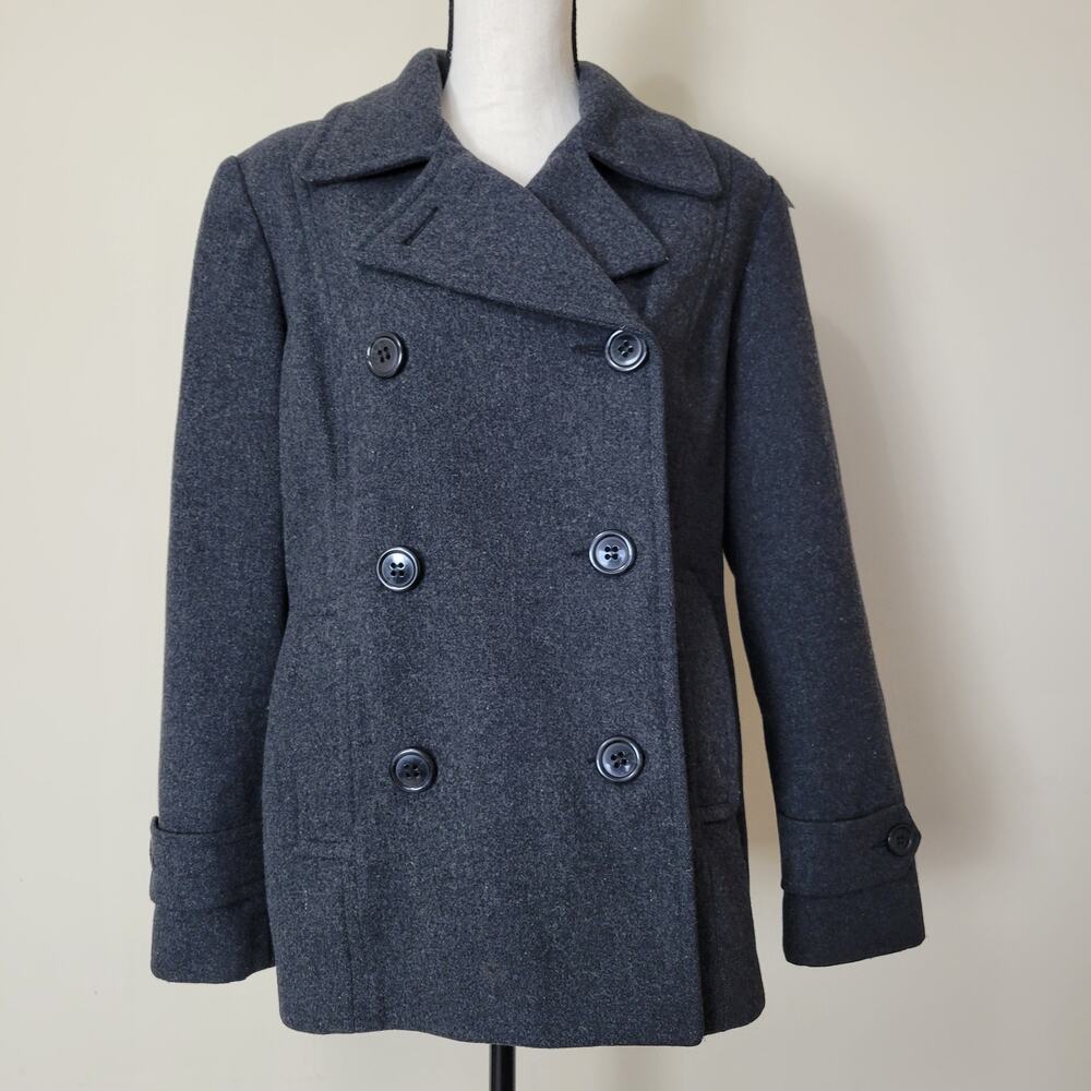 Vintage Herman KayWomens PL? Double Breasted Wool Blend Pea Coat Collar Gray 90s